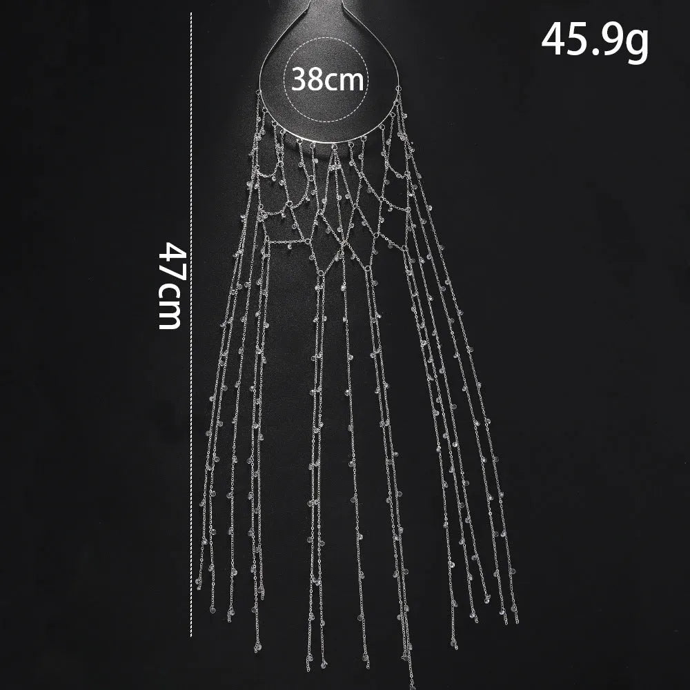 Gold or silver electroplated mesh rhinestone headband with decorative tassel hair accessory
