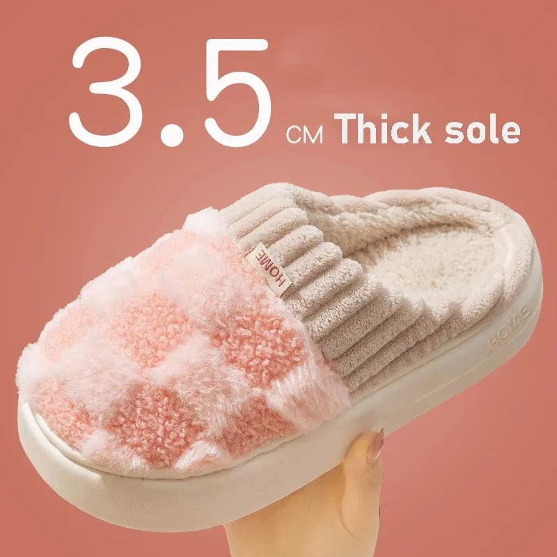 Women's plaid plush indoor slippers with coral velvet upper and non-slip PVC sole in multiple colours