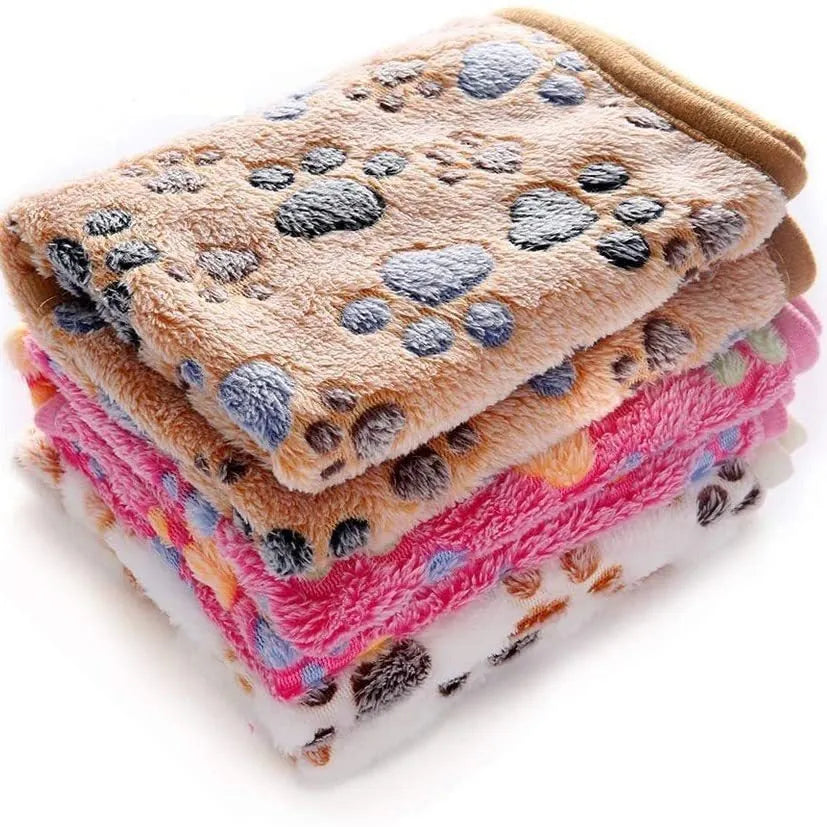 Coral fleece pet blanket with paw print pattern in beige colour, suitable for dogs and cats