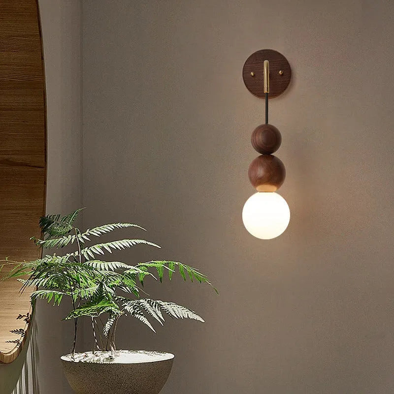 Natural walnut wooden wall suspension lamp with copper accents and tri-colour lighting