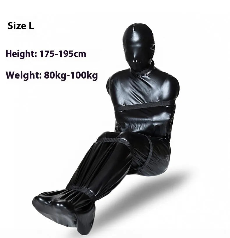 Black patent leather bondage restraint kit with body wrap and six ratchet tie-down straps laid out.