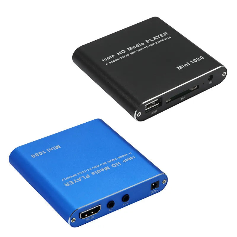 Compact black 1080P Full HD media player with ports for HDMI, USB, SD card, and power.