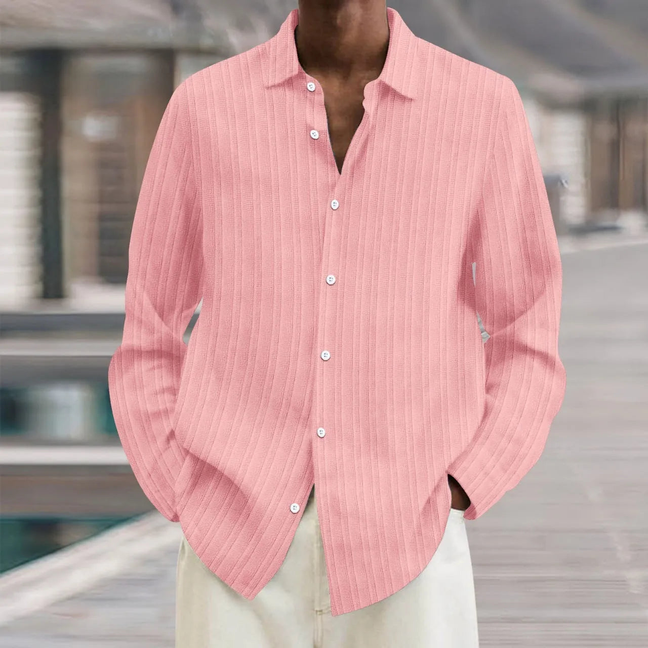 Men's striped long sleeve cardigan shirt in a loose British style fit, showing 3D pattern detail.