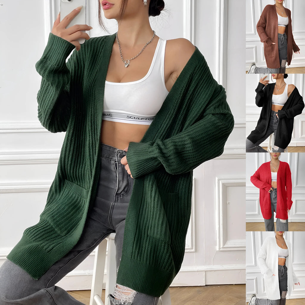 Women's loose acrylic cardigan with two pockets in dark green colour, mid-length design