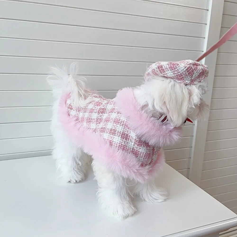 Pink cat cape and beret set with hand holding rope for chest and back coverage