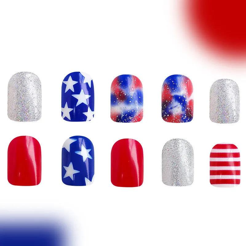 Independence Day nail art sticker set with US flag, stars, and stripes on a European square nail shape.
