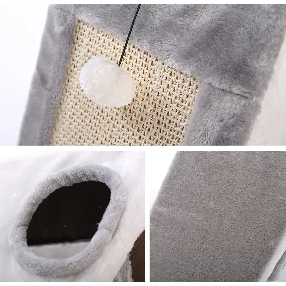 Grey and white triangle-shaped cat bed with sisal scratching side and plush sleeping area