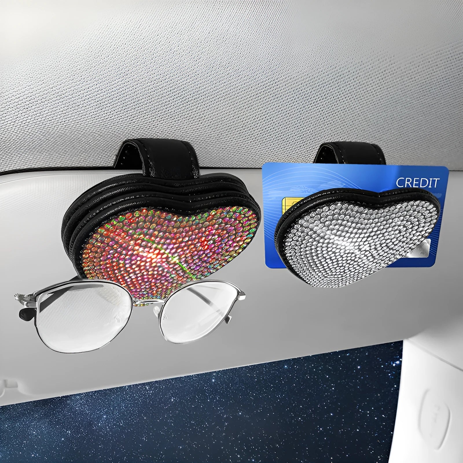 Black diamond-encrusted PU leather magnetic storage clip for car sun visor, holding sunglasses.