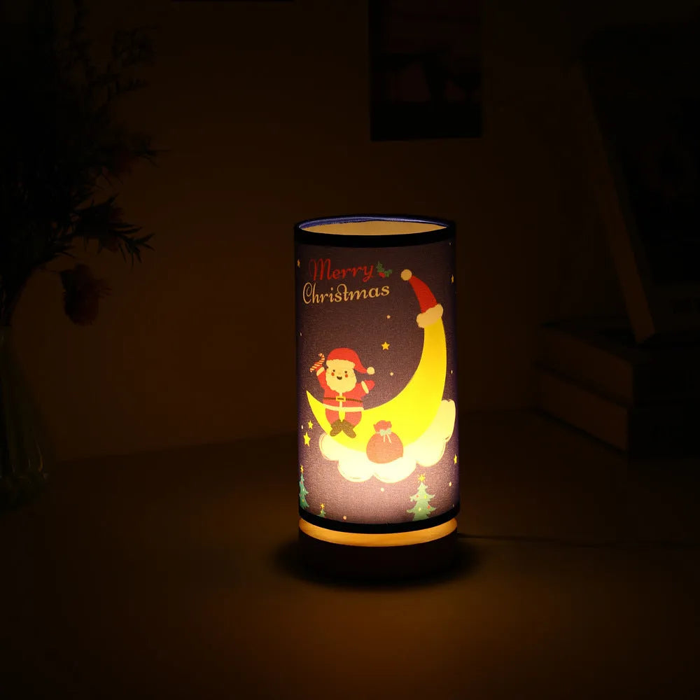 Santa Claus silhouette on a moon-shaped USB LED night light with a bamboo base.
