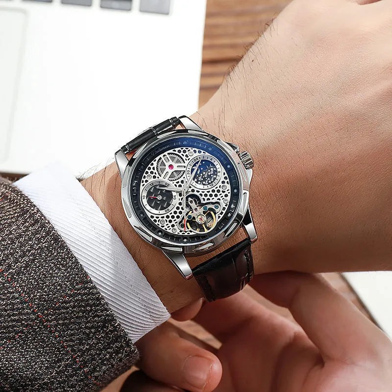 Men's black and silver automatic business watch with luminous hands on steel bracelet