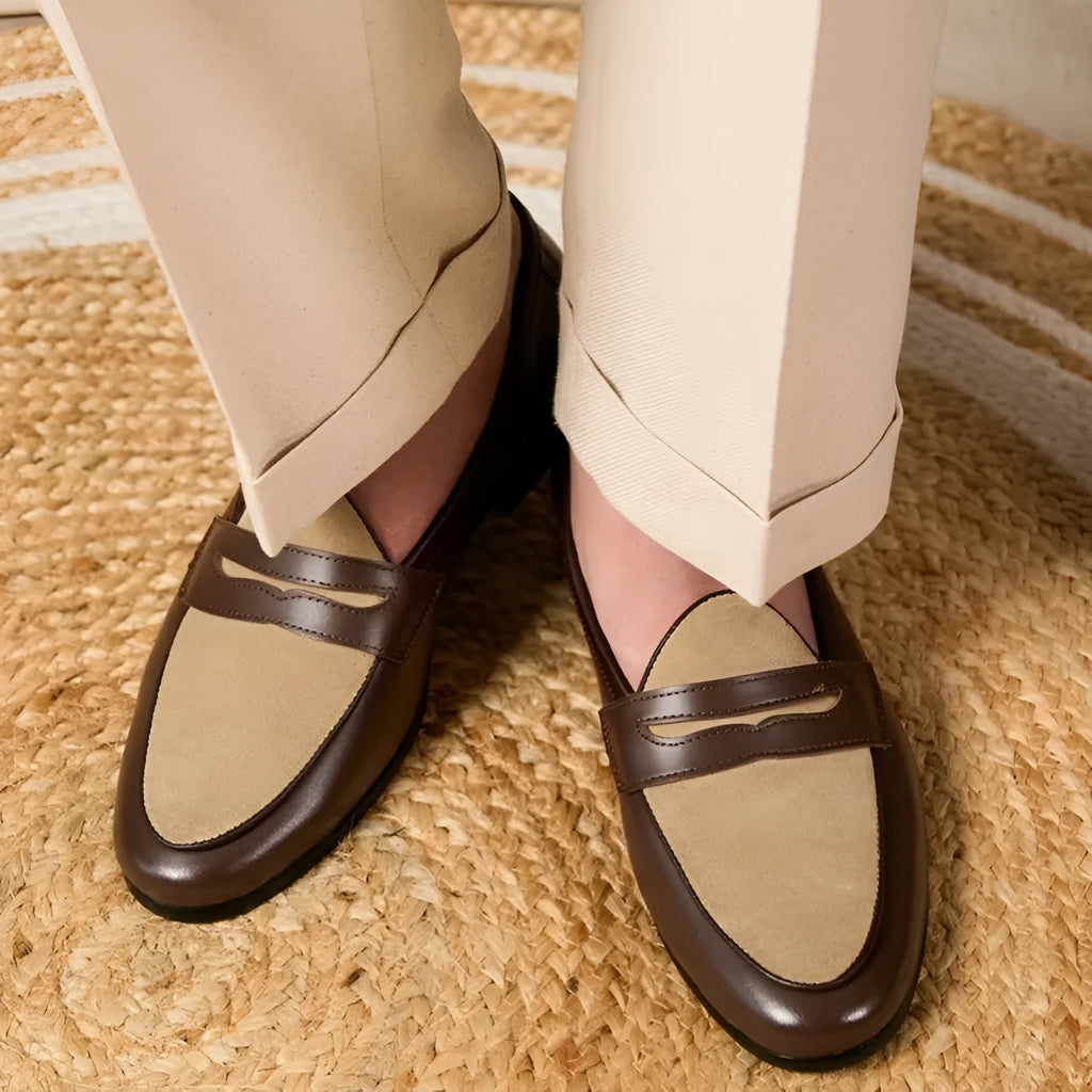 Coffee grey suede loafers with one-kick closure and rubber sole