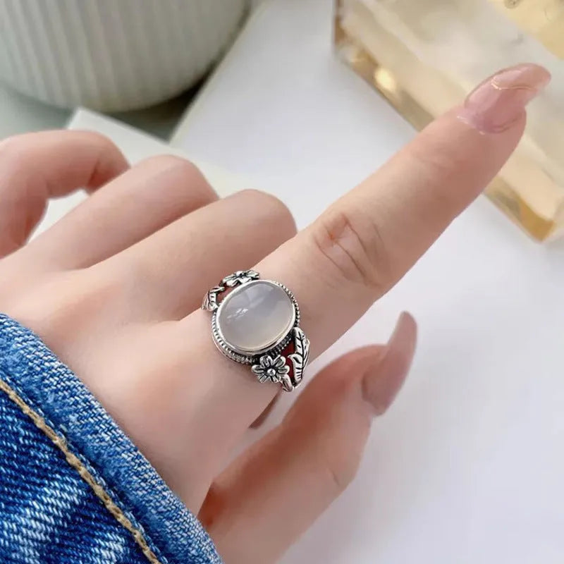 Adjustable copper vintage ring with U-shaped open mouth design and imitation white chalcedony stone