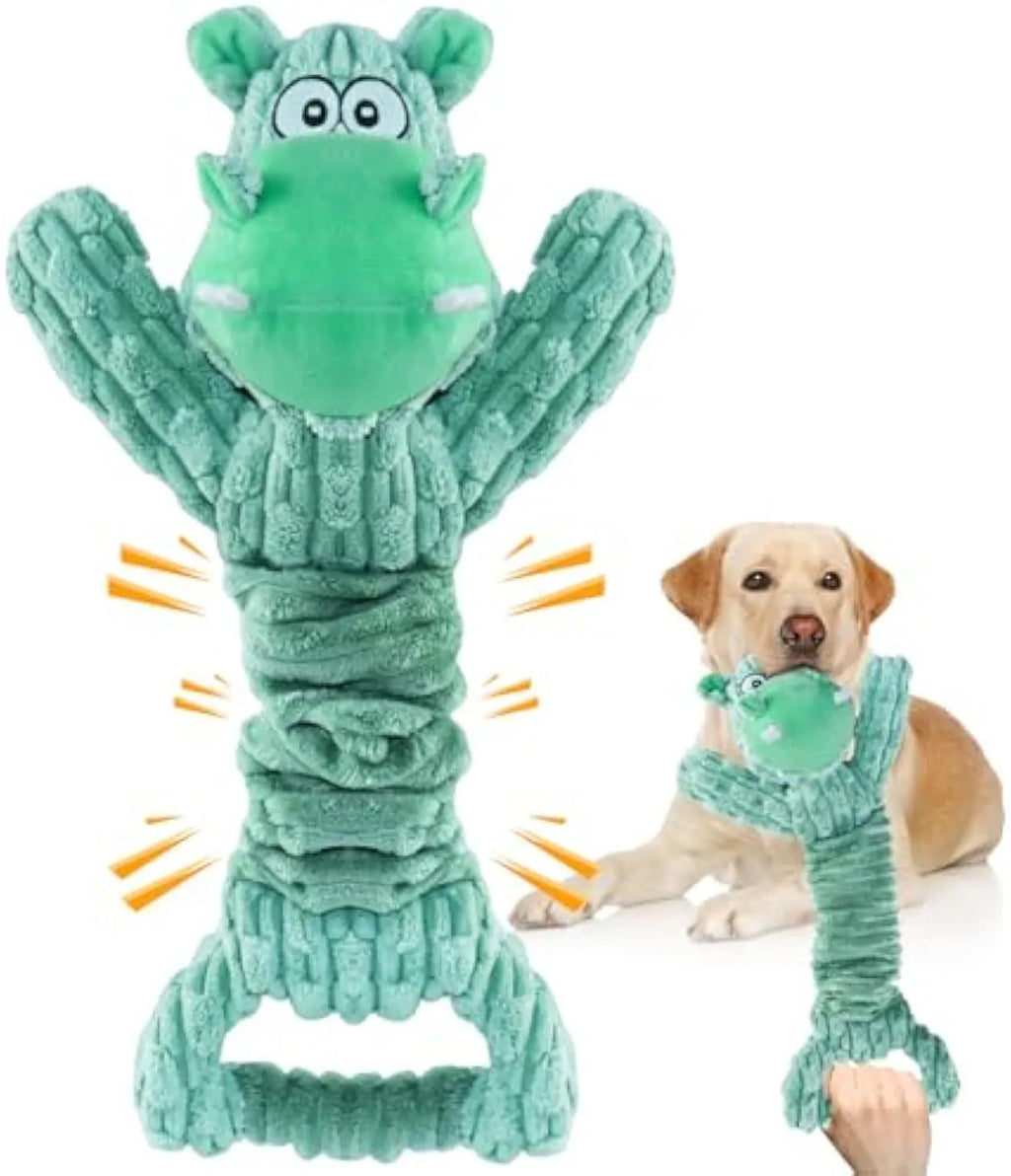 Large plush hippo or monkey dog toy with a handle, for squeaky and tug of war play