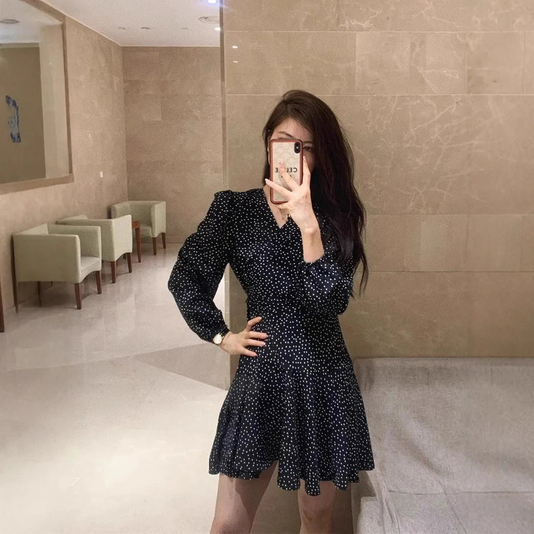Women's black polka dot high waist midi dress with long sleeves in pullover style polyester fabric