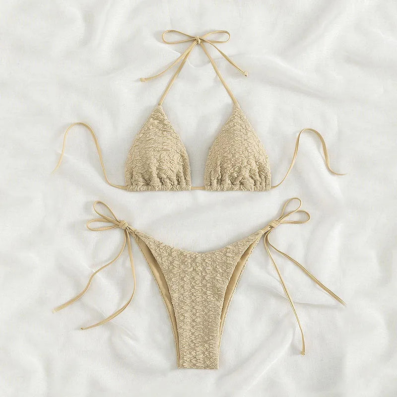 Women's khaki high waist bikini with lace-up detail on a mannequin