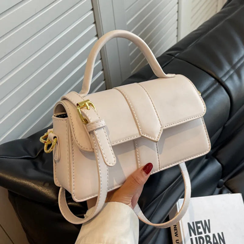 Women's beige PU messenger bag with file compartment showing dimensions of 22cm width by 13cm height