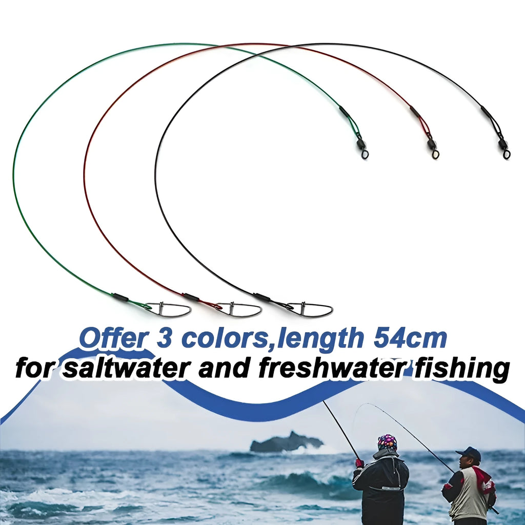54cm green anti-bite fishing steel wire with a double buckle pin on a blue background.
