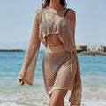 Khaki women's bell sleeve sun protection suit with hollow out pattern and matching skirt