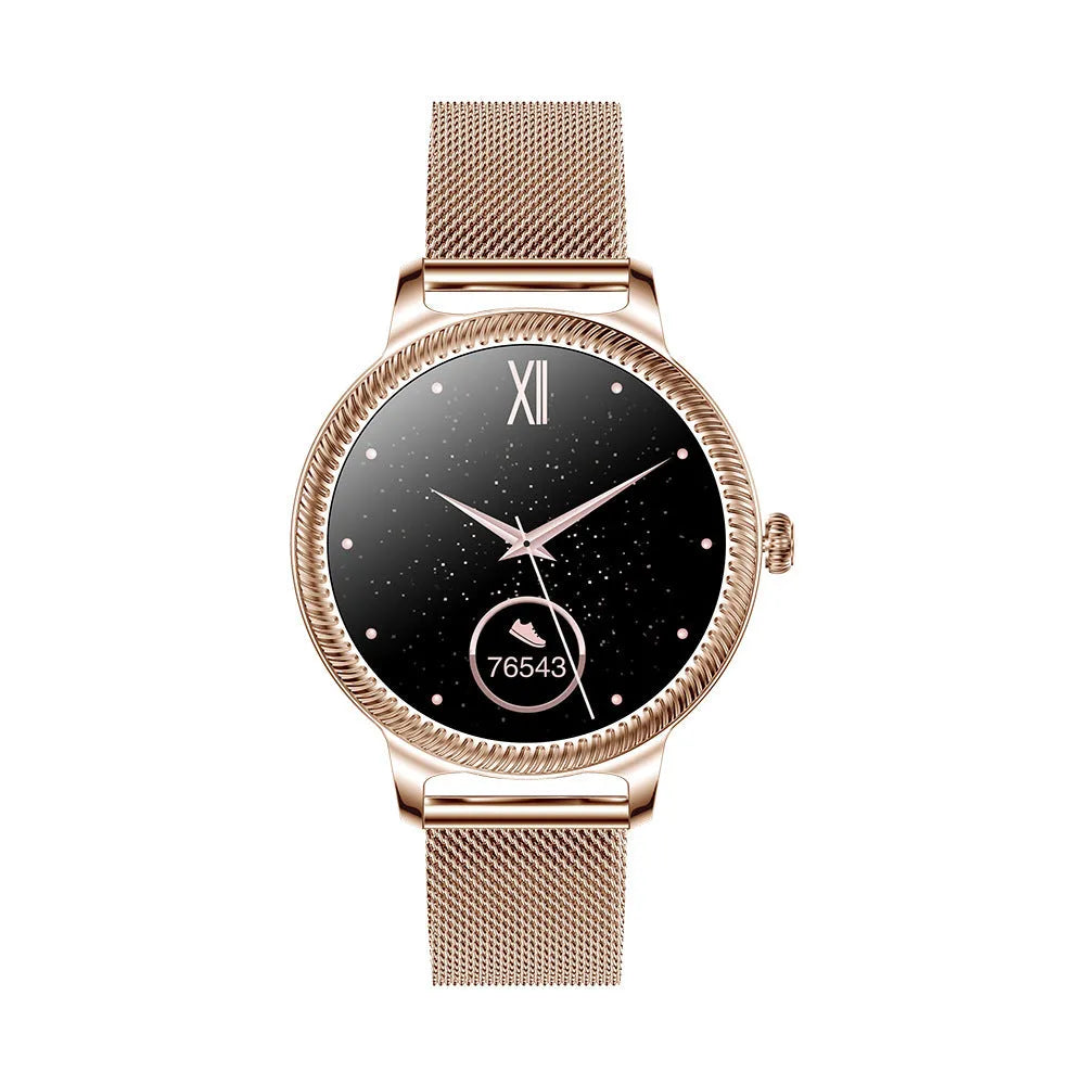 AK38 ladies smart watch with stainless steel strap and 1.09 inch colour touchscreen display