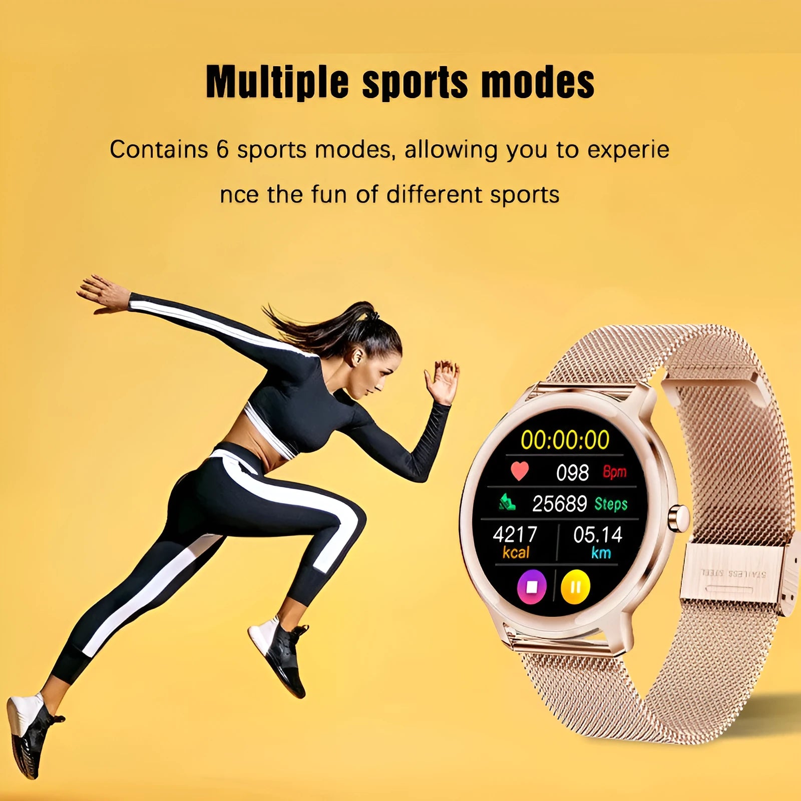 Women's waterproof Bluetooth smart watch with stainless steel mesh band and touch screen.