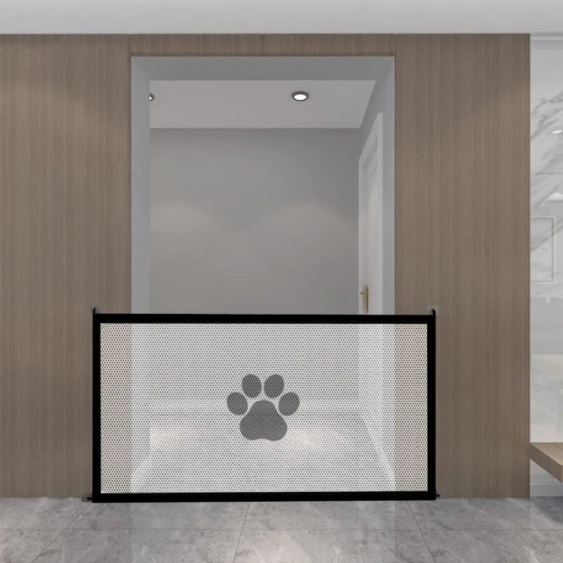 Portable folding cloth dog barrier net with pet doorsill design, shown in large and small size options.