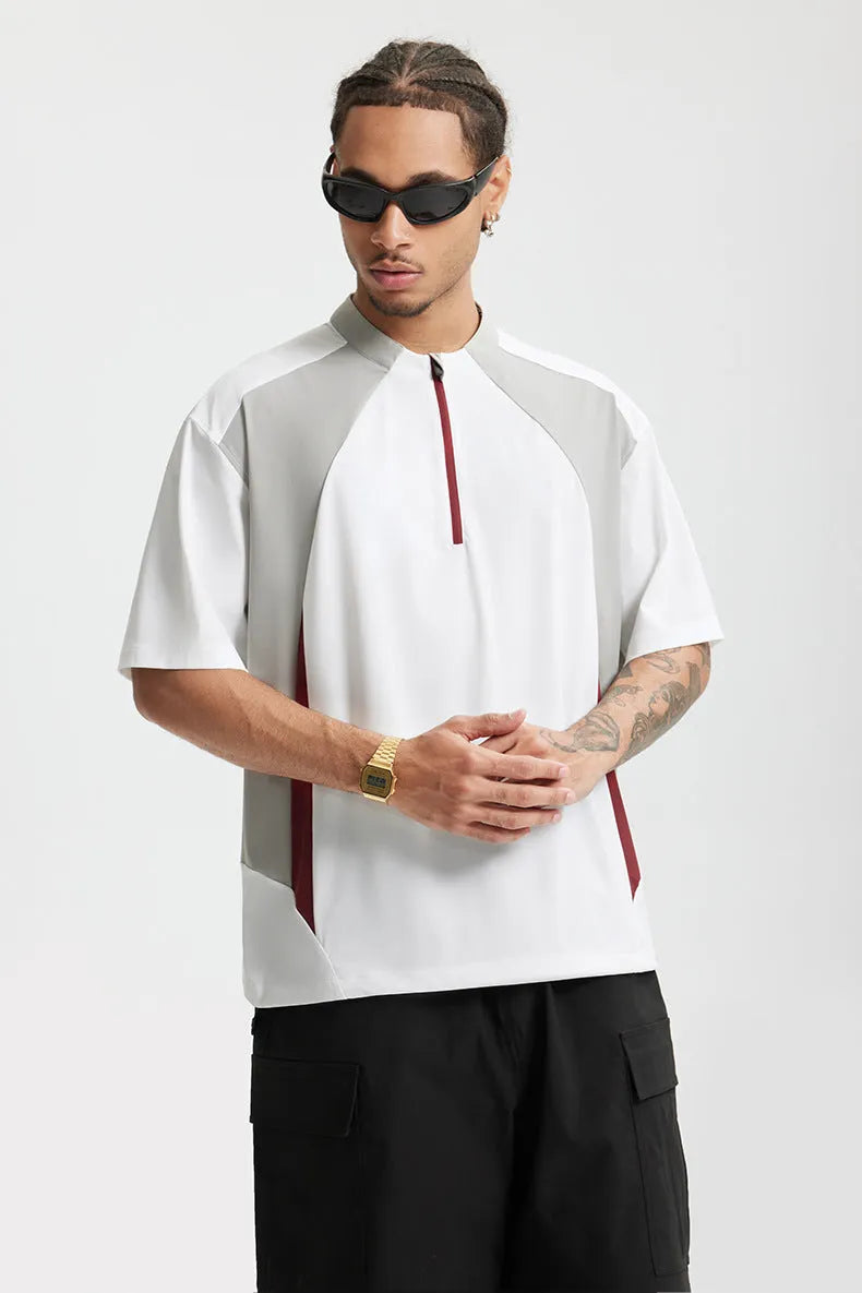 Men's lightweight polyester top with stitching detail in solid black and beige colours with long and short sleeve options