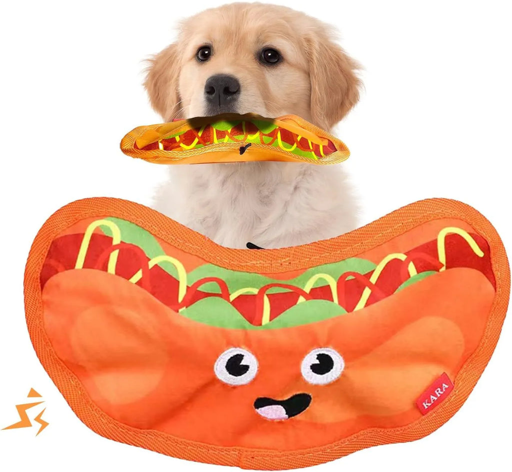 Hamburger-shaped dog chew toy in vivid colours showing crinkle and squeak features for interactive play.