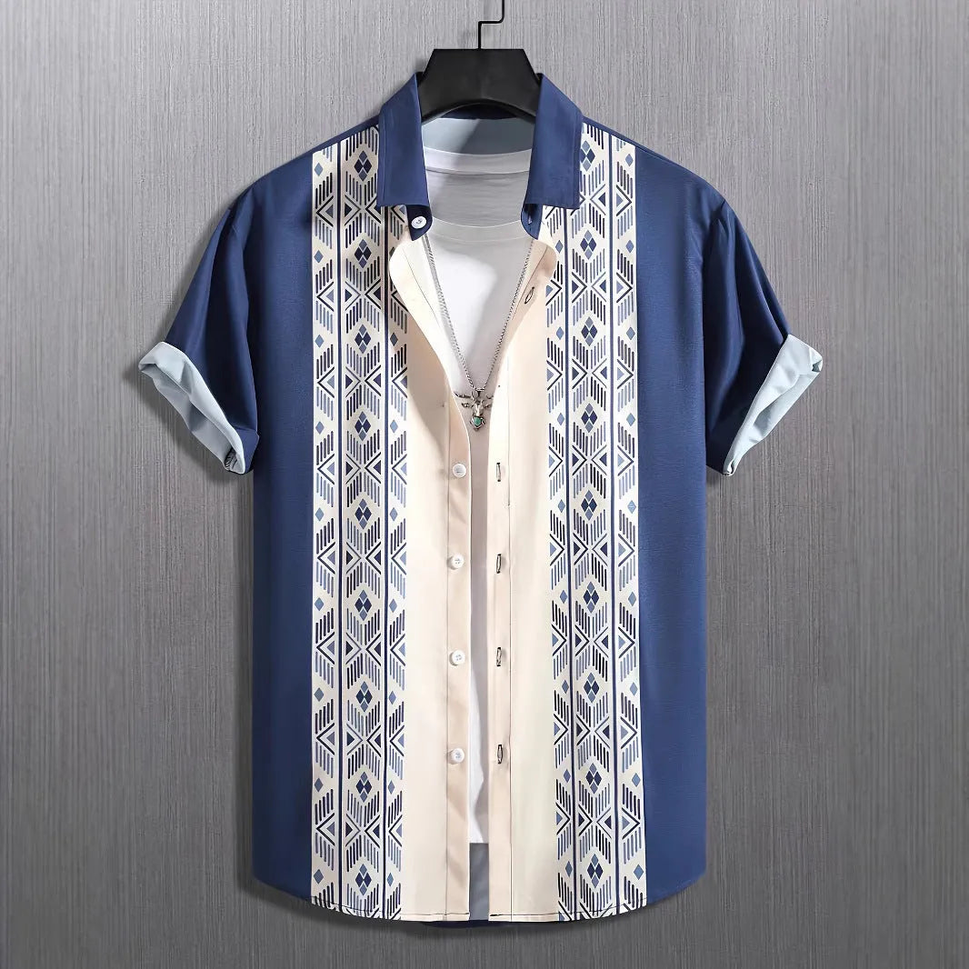 Men's plaid short-sleeve shirt cardigan with lapel collar showing elastic fabric detail