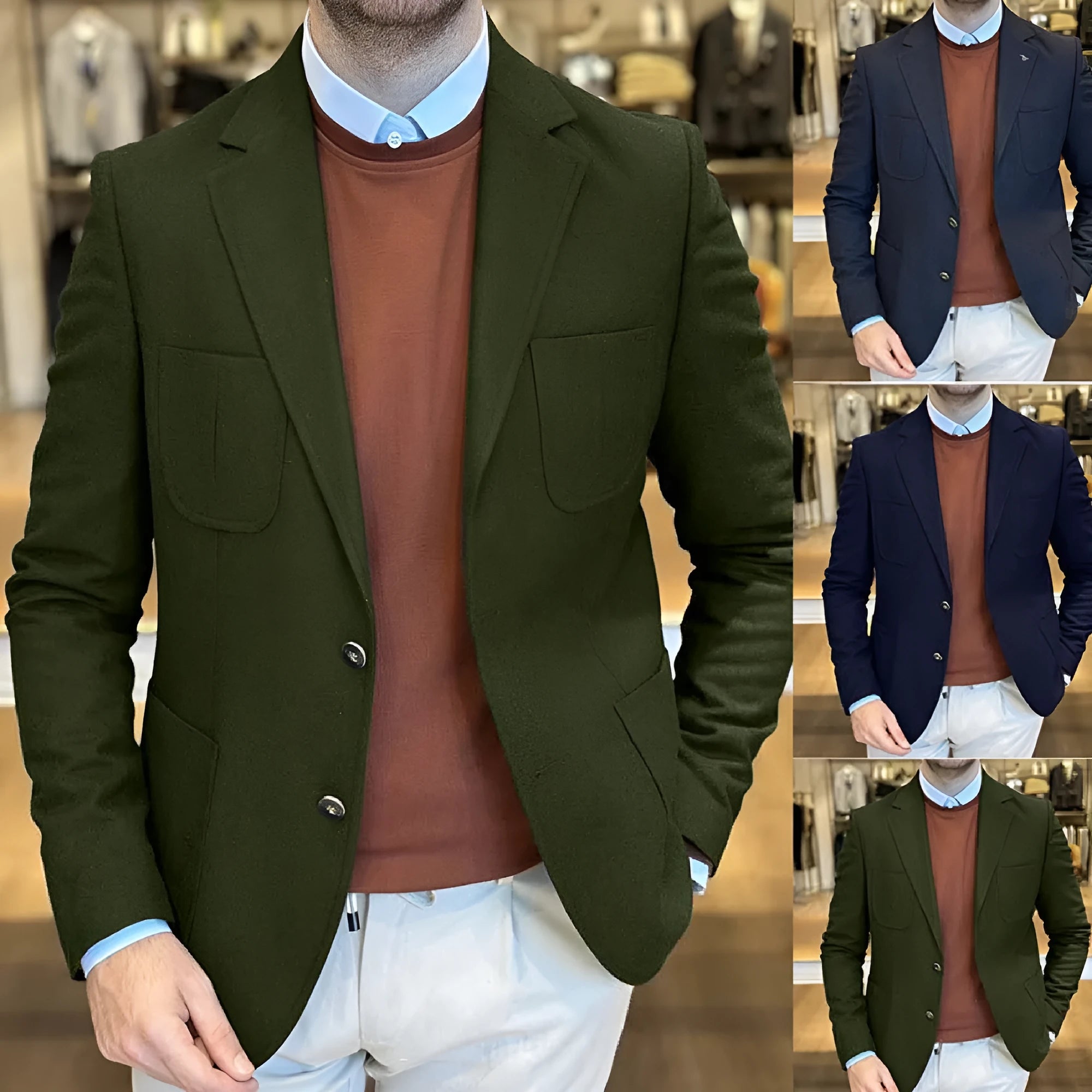 Men's loose retro cotton suit jacket in army green colour with two-tone buttons.