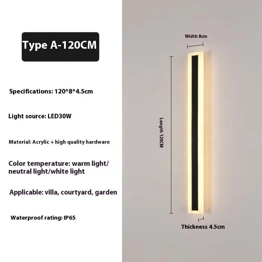 150cm long straight outdoor LED wall lamp with wrought iron housing, shown mounted on an exterior wall.
