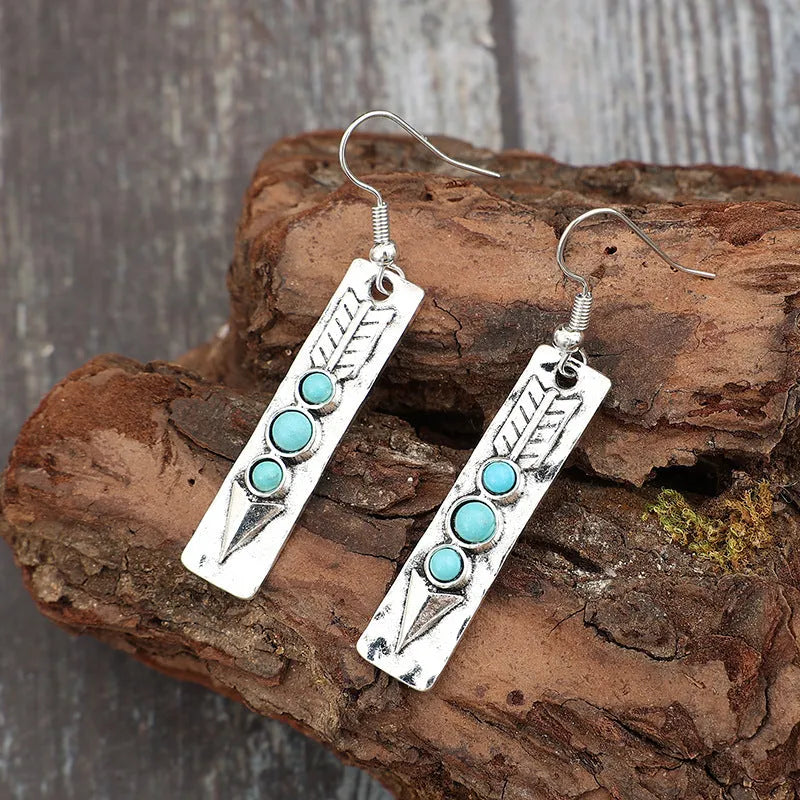 Women's geometric alloy earrings with turquoise inlay and silver electroplated finish