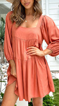 Children's solid colour backless dress with square collar and puff sleeves in A-line silhouette