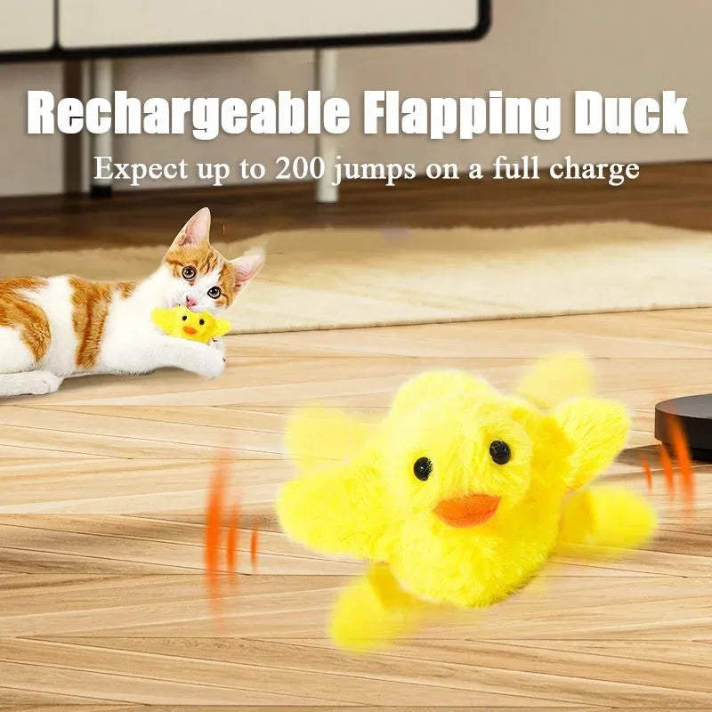Yellow flapping duck interactive cat toy with vibration sensor and catnip on white background