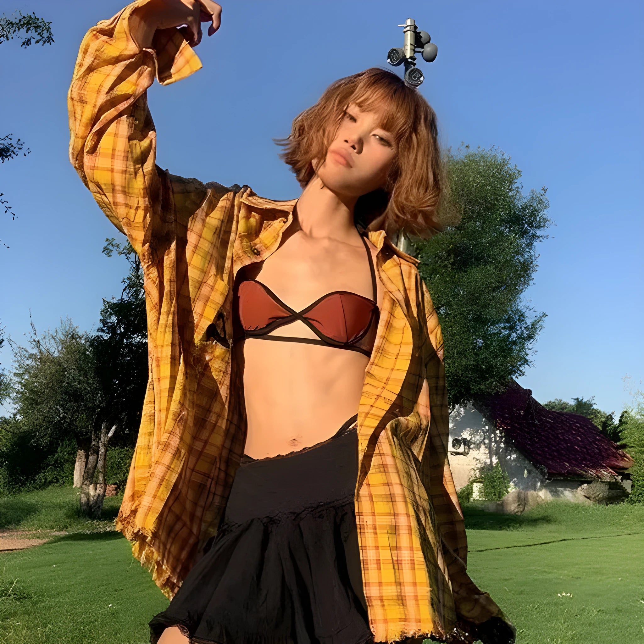 Dopamine yellow plaid shirt with loose fit and cardigan style in polyester blend fabric