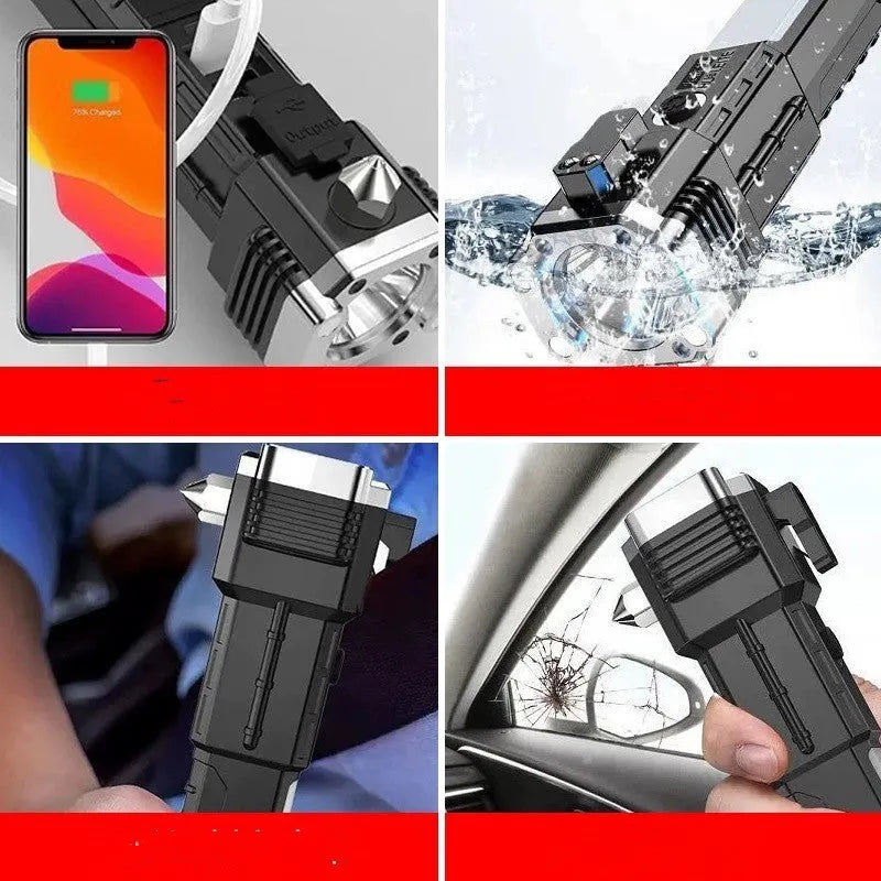 Silver portable plastic LED flashlight with strong beam for emergency and outdoor use.