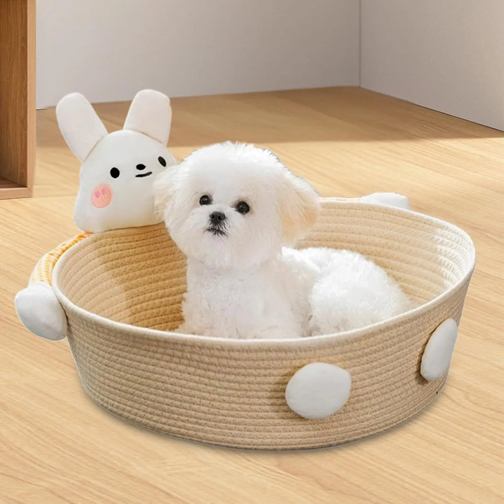 Woven cotton rope cat bed basket with bear pattern, functioning as a pet bed, scratcher, and storage container.