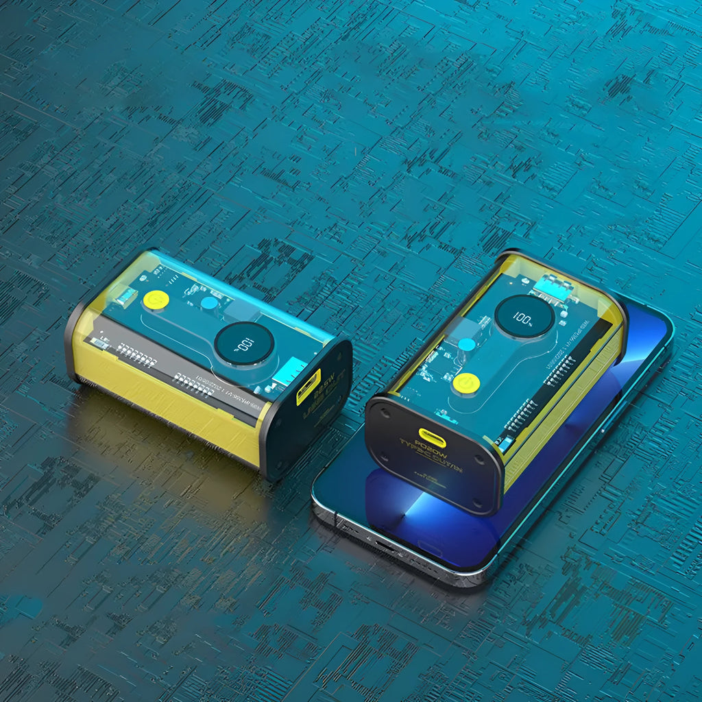 Transparent industrial power bank with aluminium case showing internal 18650 battery cells