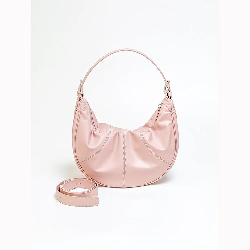 Women's genuine leather shoulder bag with dumpling shape in cowhide texture with sewing line detailing