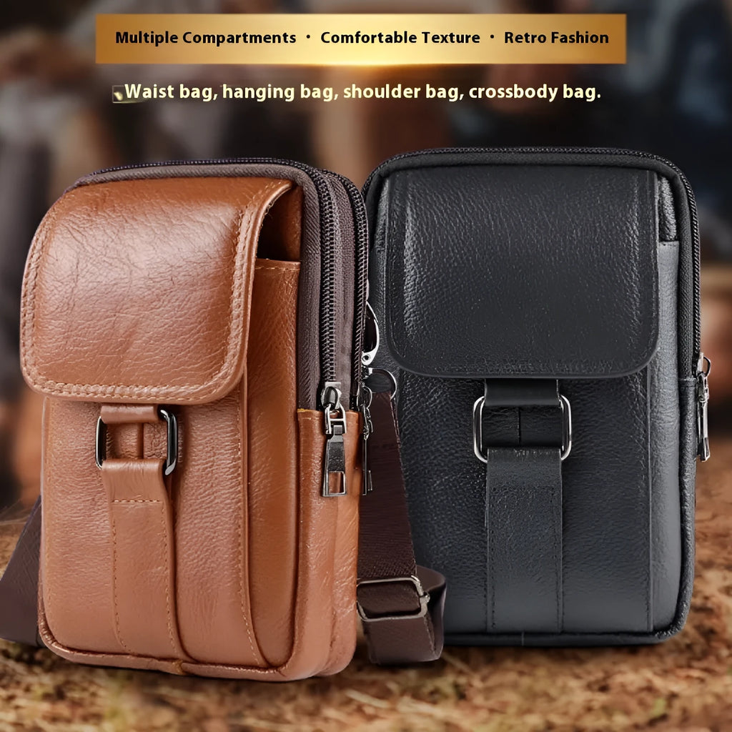 Men's black genuine leather waist bag with square shape and crossbody strap