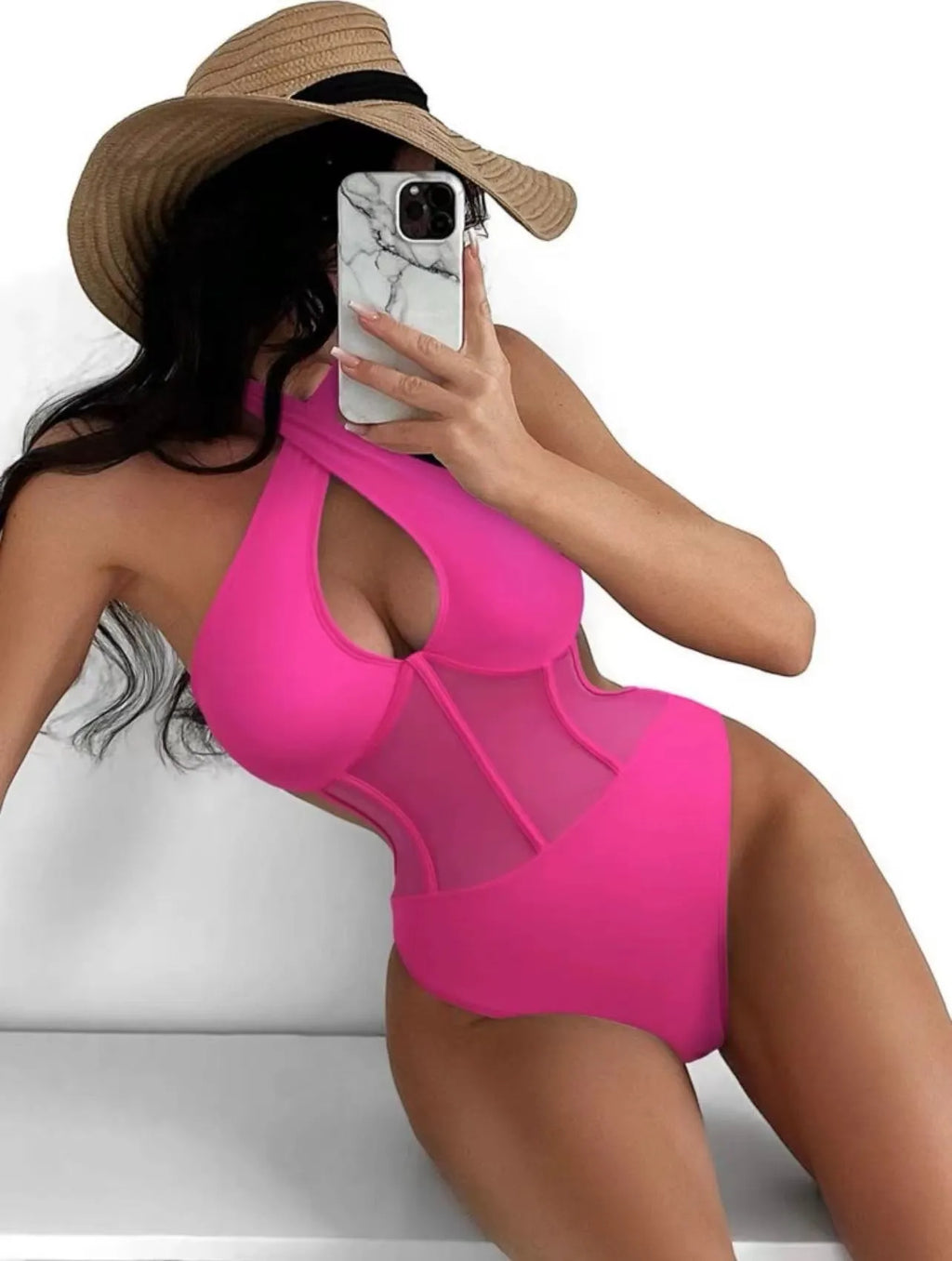 Ladies one-piece swimsuit bikini in nylon blend fabric, shown in black, rose red, and green colour options.