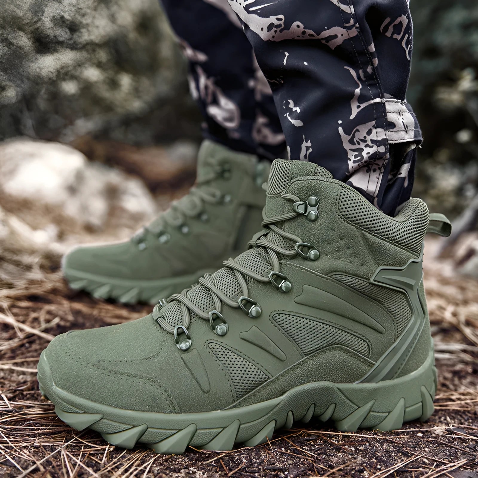 Men's training combat boots outdoor hiking shoes in 702 army green colour, PU fabric construction