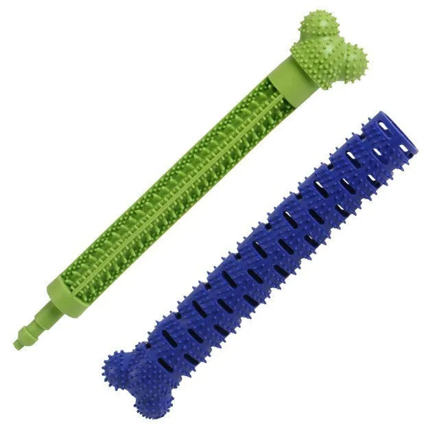 Blue green dog dental chew toy with serrated brush head design for tooth cleaning, 25cm length