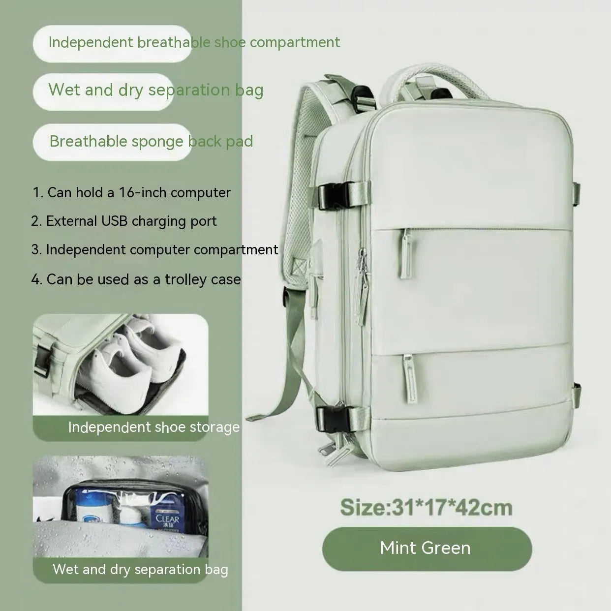 Waterproof nylon mummy backpack in multiple colour options showing large capacity travel bag