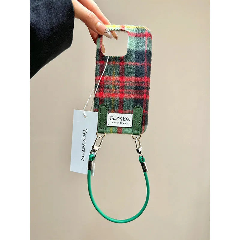 Fleece flannel plaid phone case with wristband for iPhone 13-16 series, half-pack embossed design