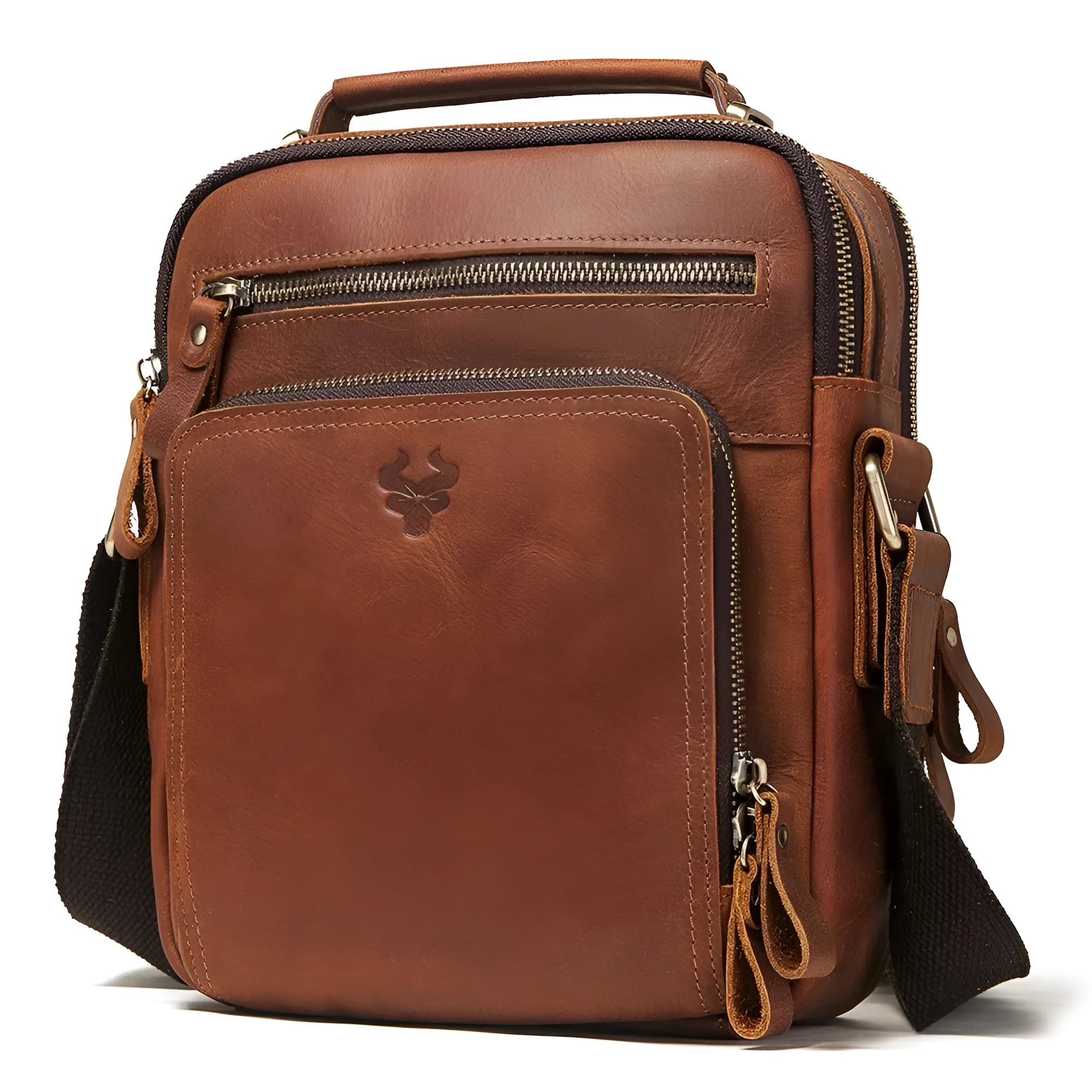 Men's brown Crazy Horse leather crossbody bag with single shoulder strap and sewing line details