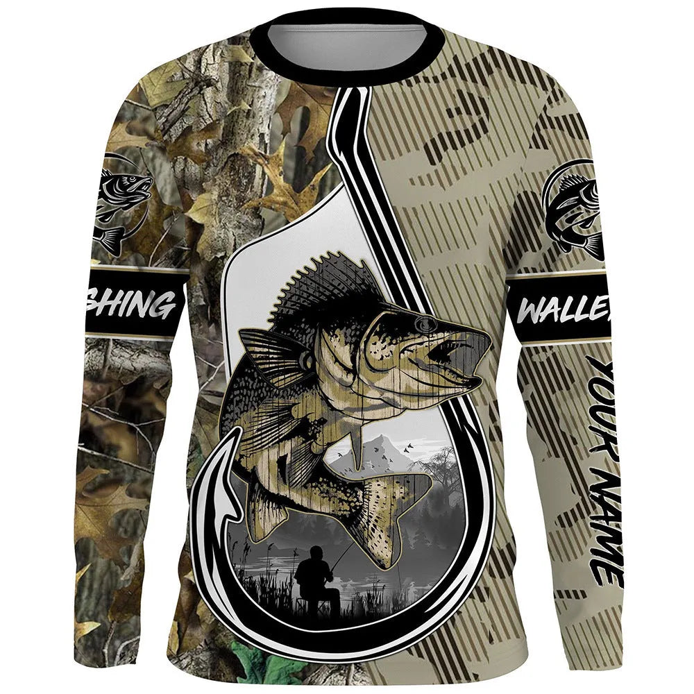 Men's grey pullover sweater with a detailed all-over fish print, featuring a round neck and long sleeves.