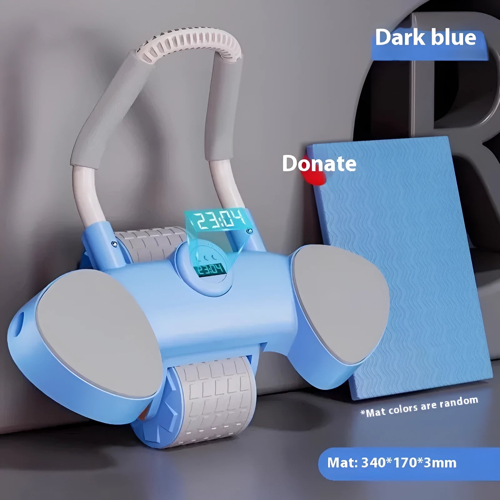 Abdominal wheel with elbow support and automatic rebound mechanism in blue colour