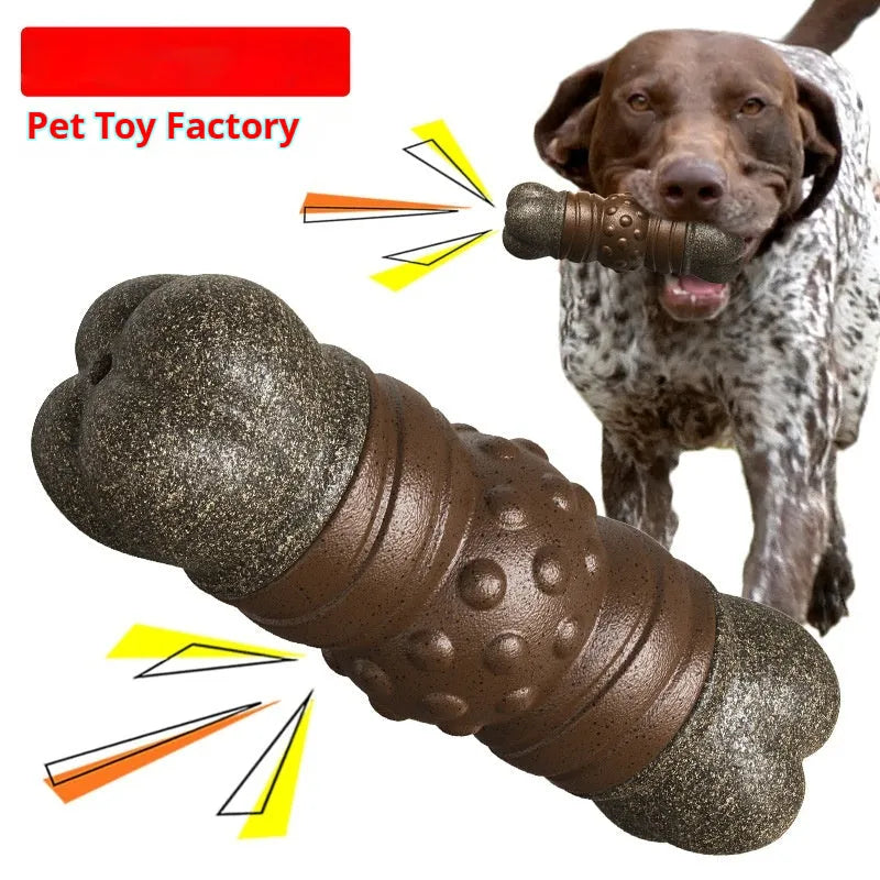 Wood colour plastic bone-shaped dog toy with textured surfaces for dental cleaning and sounding feature