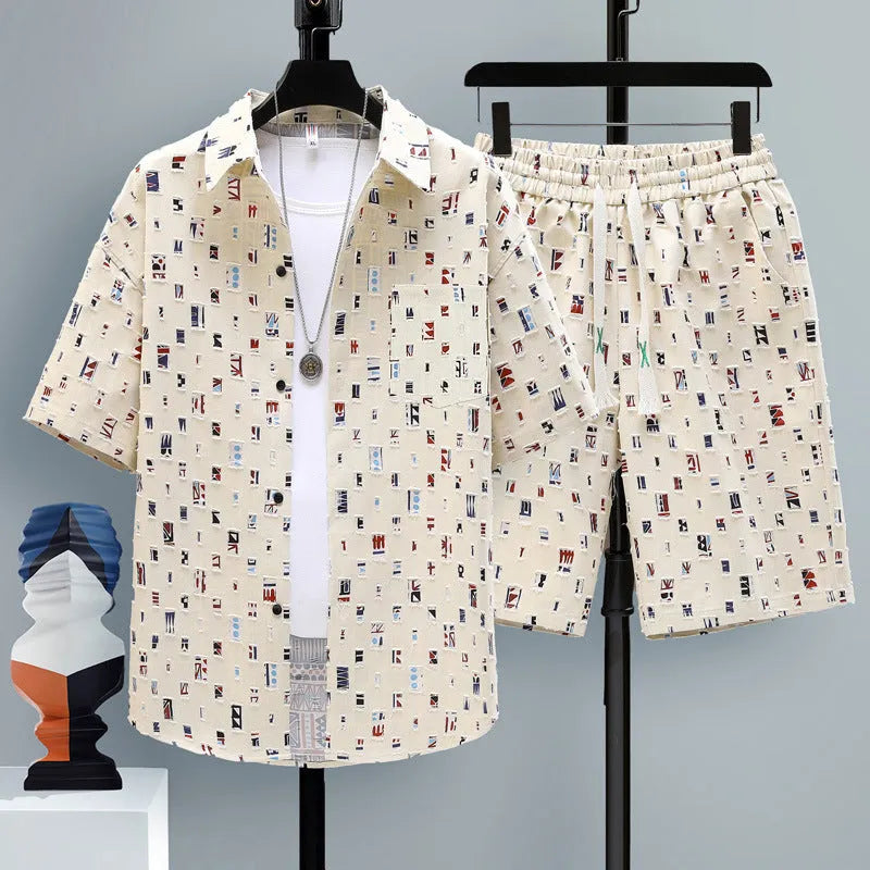 Men's casual sports two-piece set with short-sleeve top and matching shorts