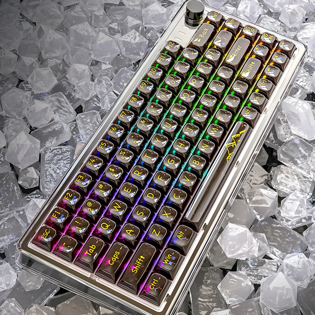 Attack Shark K75 wireless mechanical keyboard with transparent PC case and RGB backlighting.